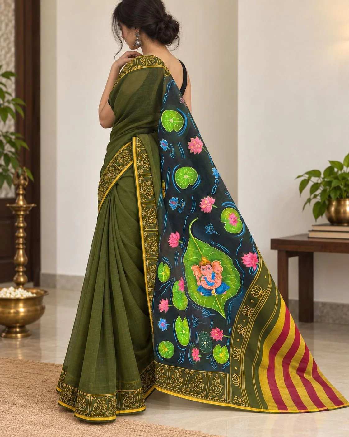 Bappa’r Bela deep-green Dhaniakhali saree with Bal Ganesh resting among lotus flowers