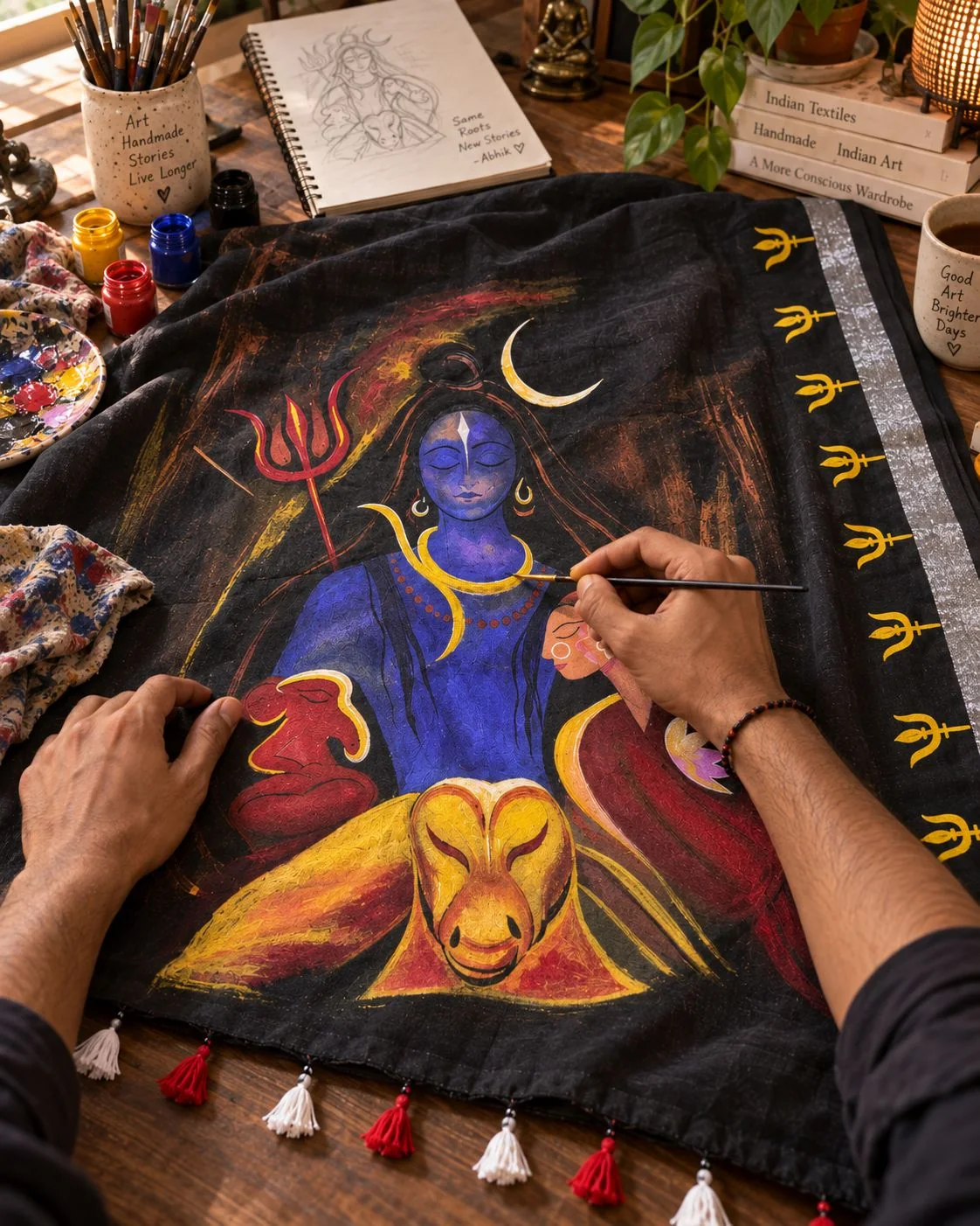 Shiber Shongshar displayed with its painted pallu and tassels