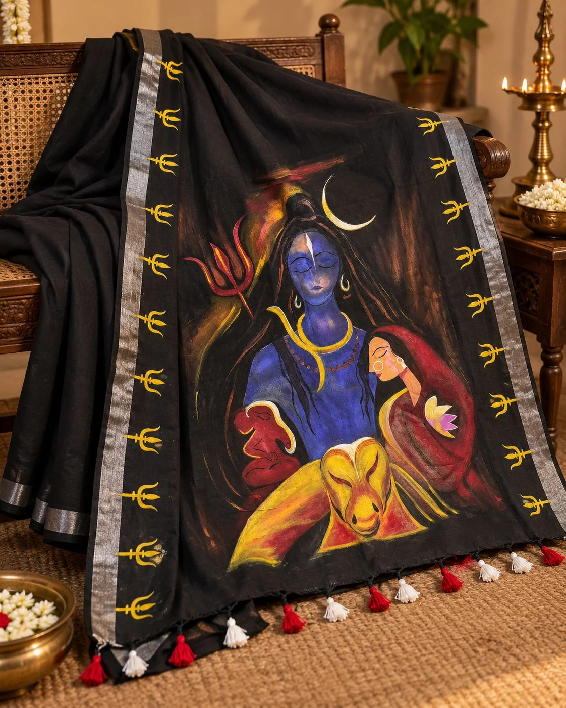 Woman wearing the Shiber Shongshar hand-painted saree