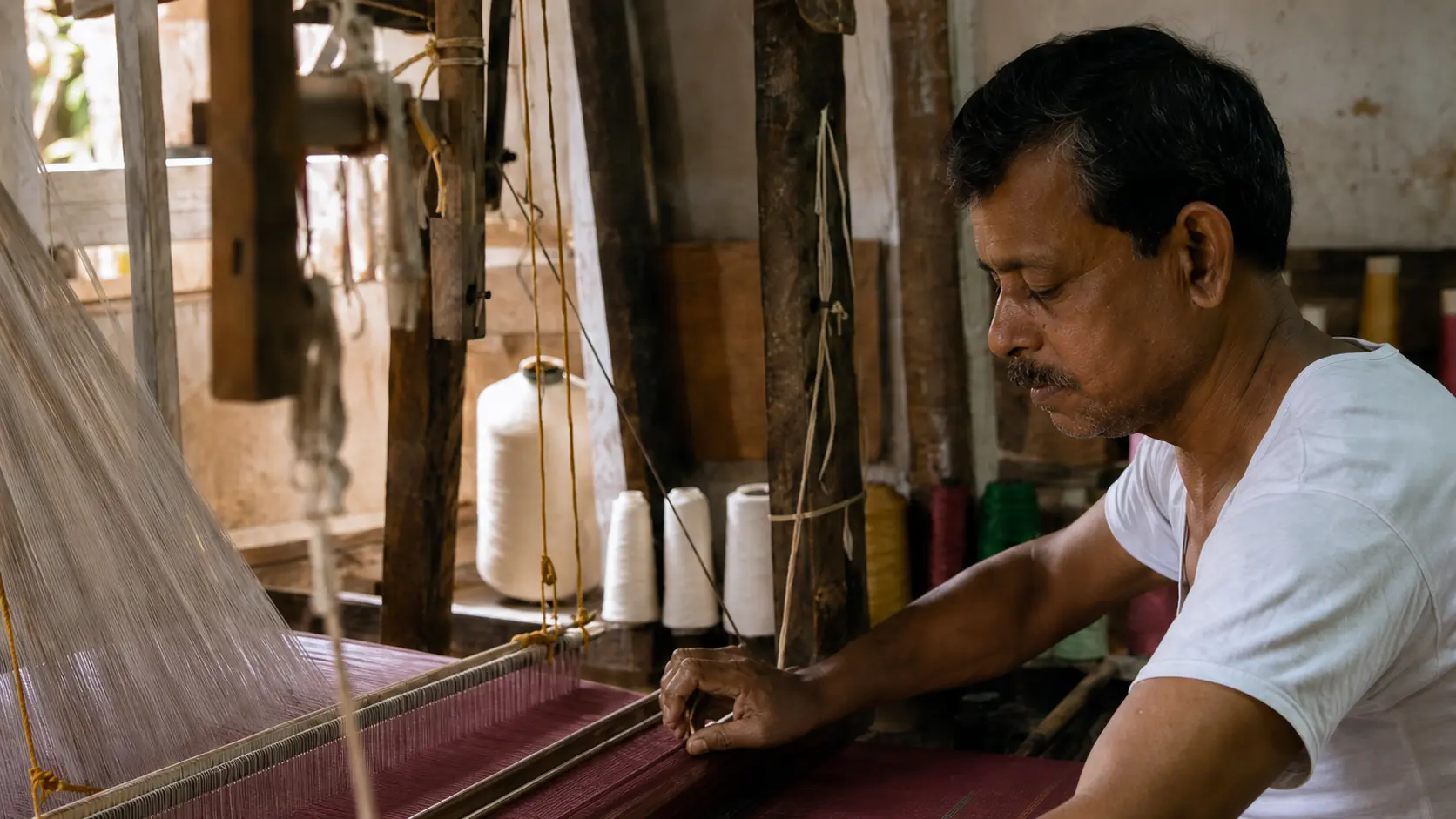 Ranada weaving cotton silk at a traditional wooden loom