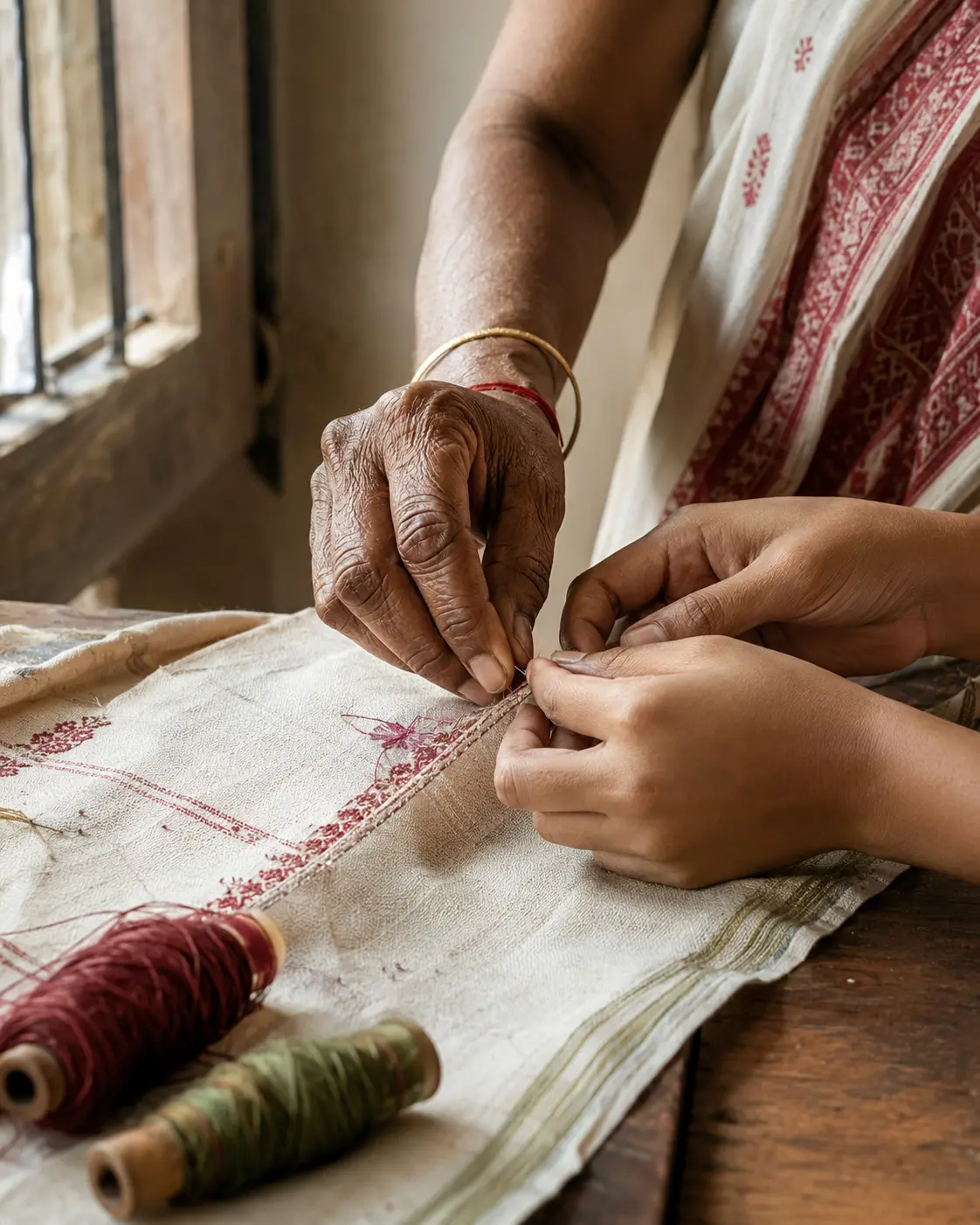 An artisan's hands weaving cream and maroon cloth on a traditional wooden handloom