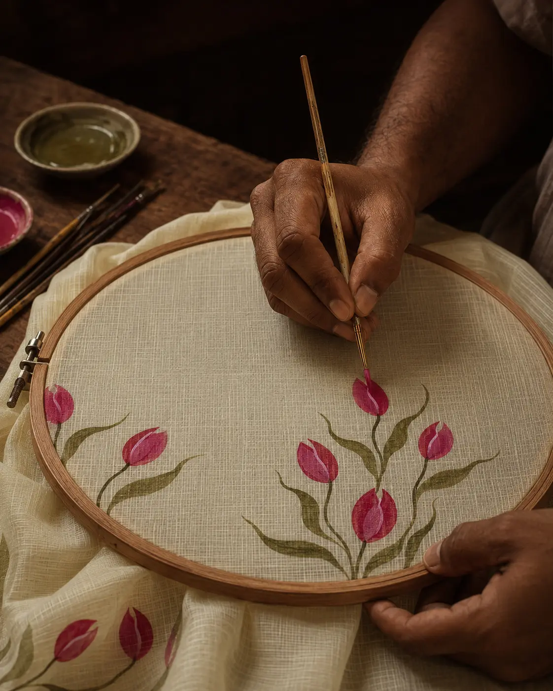 Abhik painting pink tulips by hand